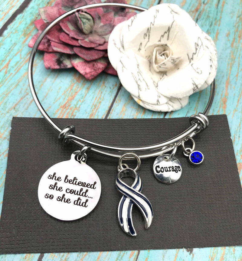 ALS / Blue & White Striped Ribbon Bracelet - She Believed She Could, So She Did - Rock Your Cause Jewelry