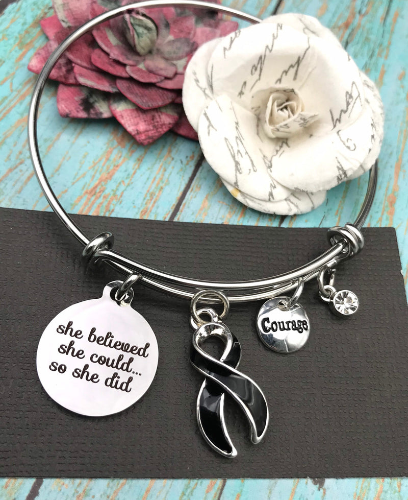 Black Ribbon Charm Bracelet - She Believed She Could So She Did - Rock Your Cause Jewelry