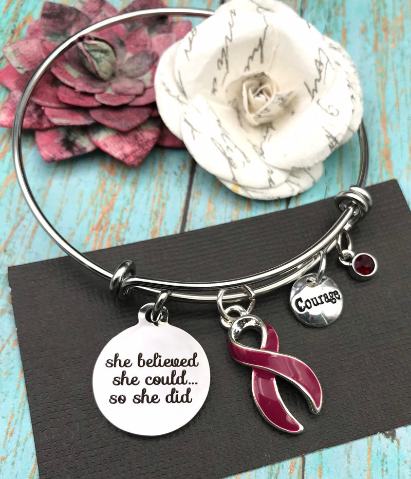 Burgundy Ribbon Charm Bracelet - She Believed She Could So Did - Rock Your Cause Jewelry