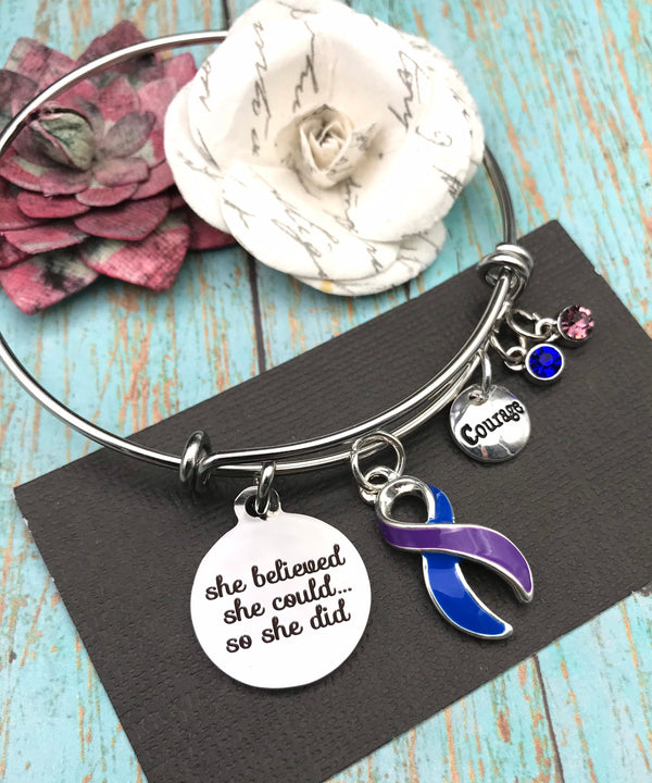 Blue & Purple Ribbon Charm Bracelet - She Believed She Could, So She Did - Rock Your Cause Jewelry