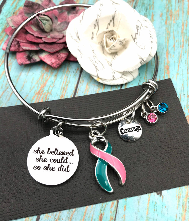 Pink & Teal (Previvor)  Ribbon Bracelet - She Believed She Could, So She Did - Rock Your Cause Jewelry