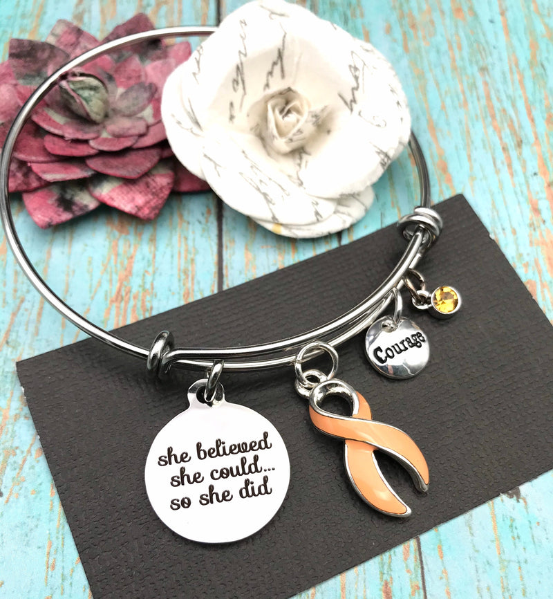 Peach Ribbon Charm Bracelet - She Believed She Could so She Did - Rock Your Cause Jewelry