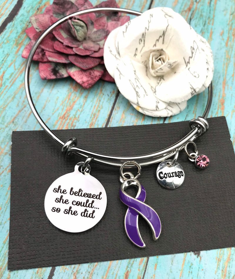 Purple Ribbon Charm Bracelet - She Believed She Could, So She Did - Rock Your Cause Jewelry