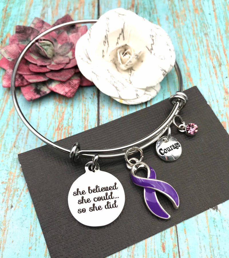 Purple Ribbon Charm Bracelet - She Believed She Could, So She Did - Rock Your Cause Jewelry