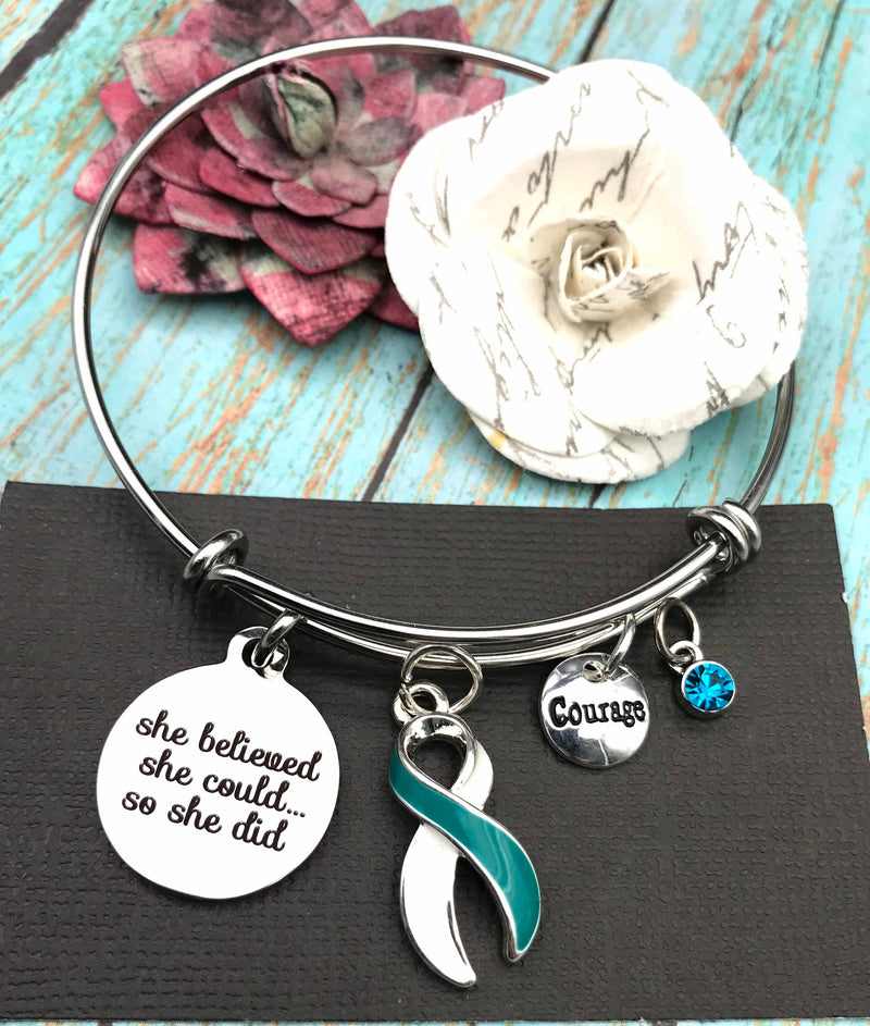 Teal & White Ribbon Bracelet - She Believed She Could, So She Did - Rock Your Cause Jewelry