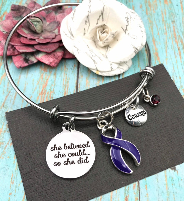 Violet Purple Ribbon Charm Bracelet - She Believed She Could So She Did - Rock Your Cause Jewelry