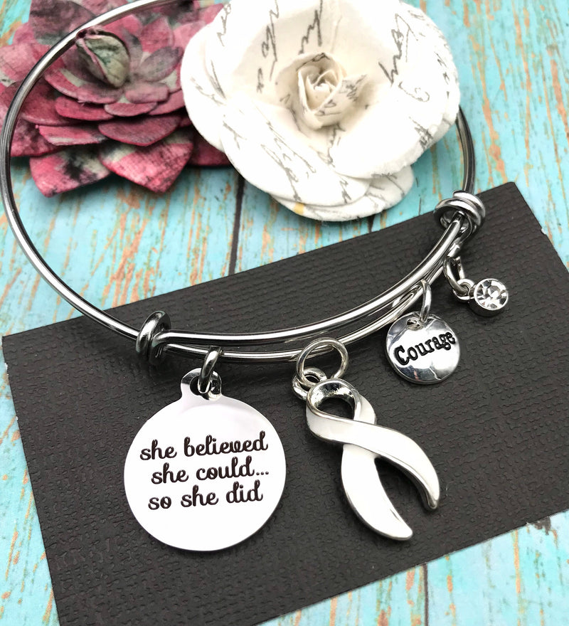 White Ribbon Charm Bracelet - She Believed She Could So She Did - Rock Your Cause Jewelry