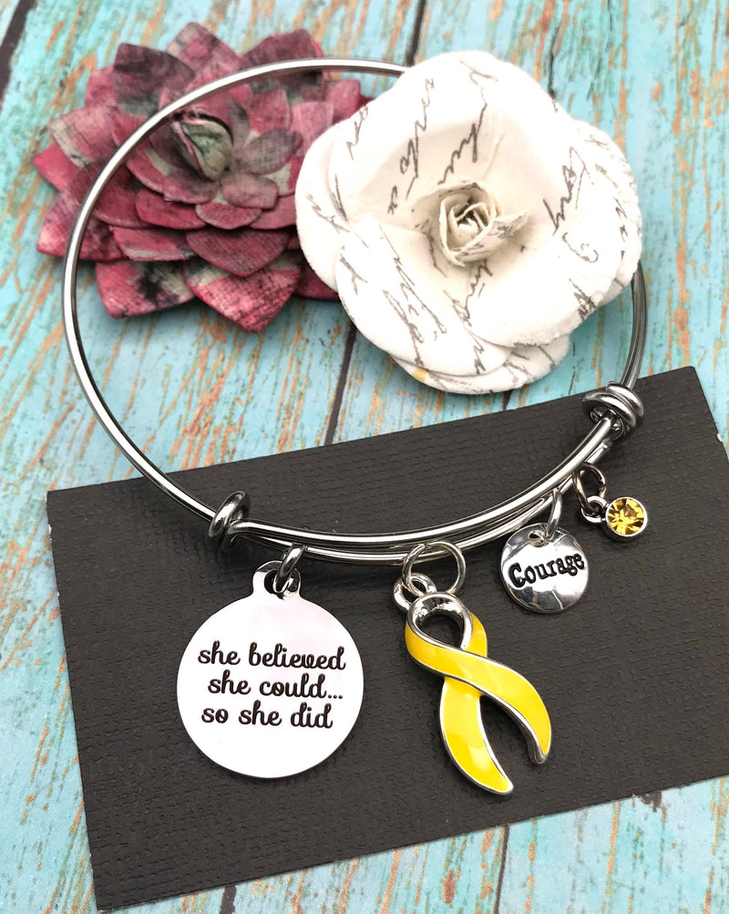 Yellow Ribbon Charm Bracelet - She Believed She Could So She Did - Rock Your Cause Jewelry