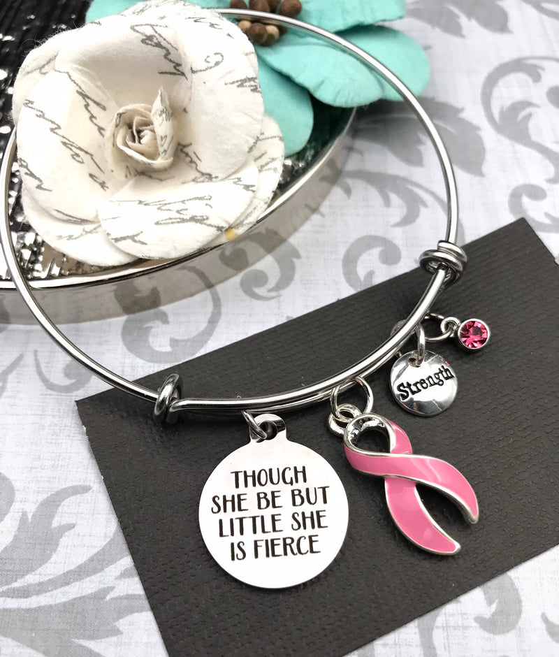 Pink Ribbon Charm Bracelet - Though She Be But Little, She is Fierce - Rock Your Cause Jewelry