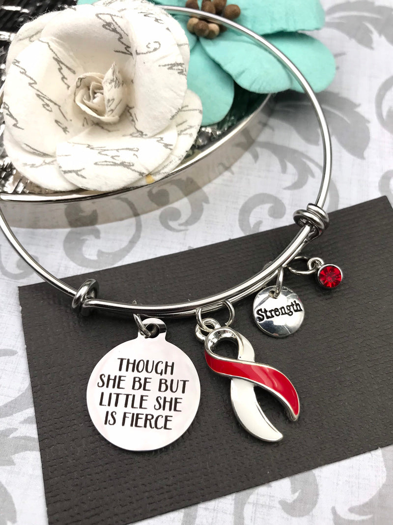 Red & White Ribbon Charm Bracelet - Though She Be But Little, She is Fierce - Rock Your Cause Jewelry
