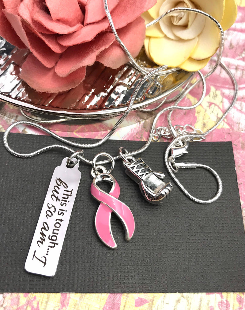 Pink Ribbon Boxing Glove Necklace - Breast Cancer Survivor Gift - This is Tough... But So am I - Rock Your Cause Jewelry