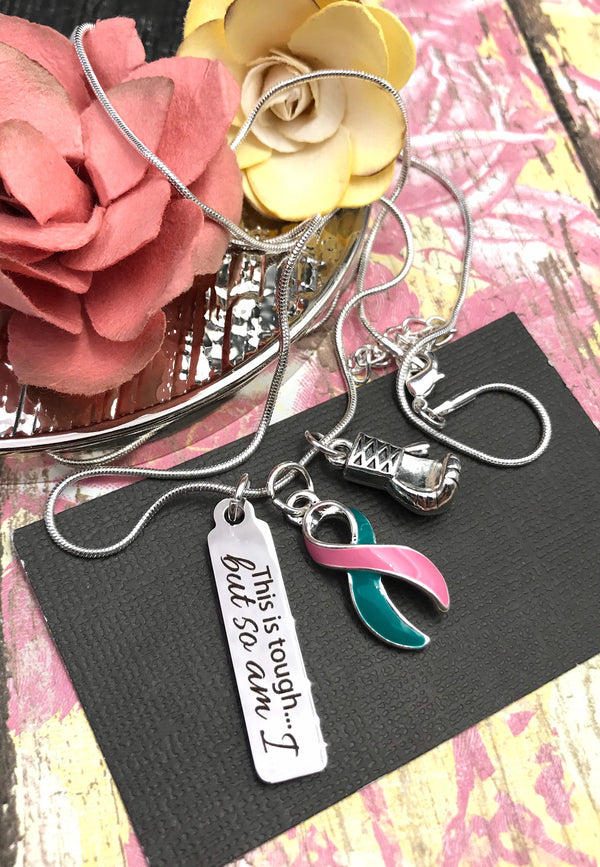 Pink and Teal (Previvor) Ribbon -  Boxing Glove / Warrior Necklace - Rock Your Cause Jewelry