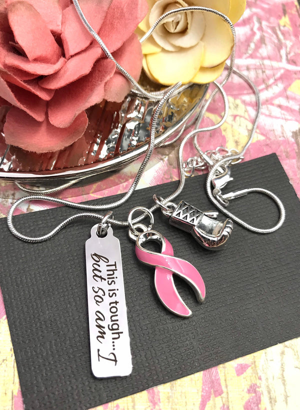 Pink Ribbon Boxing Glove Necklace - Breast Cancer Survivor Gift - This is Tough... But So am I - Rock Your Cause Jewelry