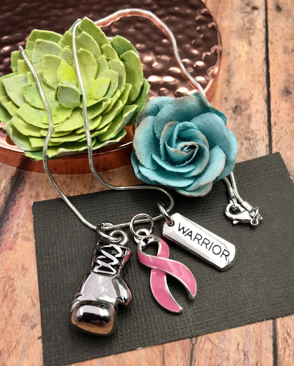 Pink Ribbon Boxing Glove Necklace - Breast Cancer Warrior Gift - Rock Your Cause Jewelry