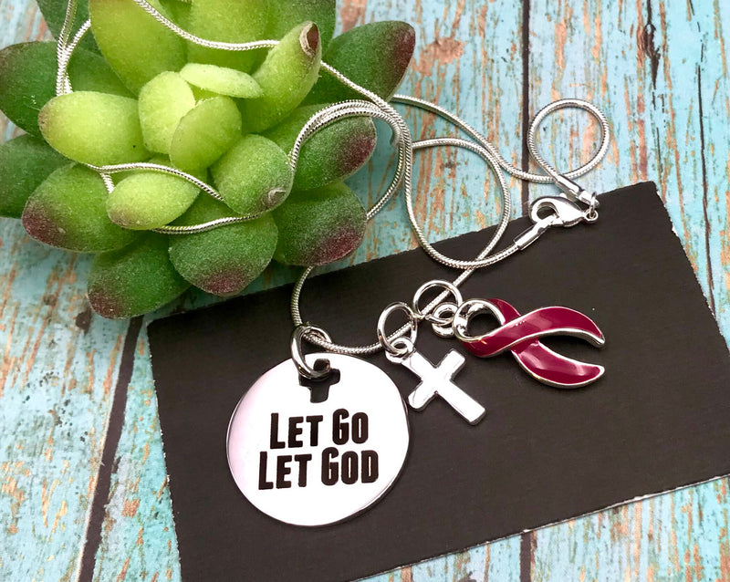 Burgundy Ribbon Necklace - Let Go Let God - Rock Your Cause Jewelry