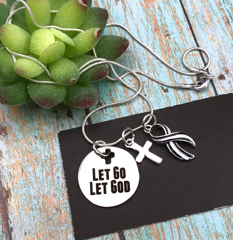 ALS / Blue & White Striped Ribbon Awareness Necklace - Let Go, Let God Encouragement Gift - Rock Your Cause Jewelry
