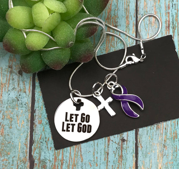Purple Ribbon Necklace - Let Go, Let God / Encouragament Gift - Rock Your Cause Jewelry