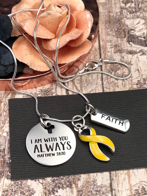 Gold Ribbon Necklace - I Am With You Always - Matthew 28:20 - Childhood Cancer Awareness Gift - Rock Your Cause Jewelry