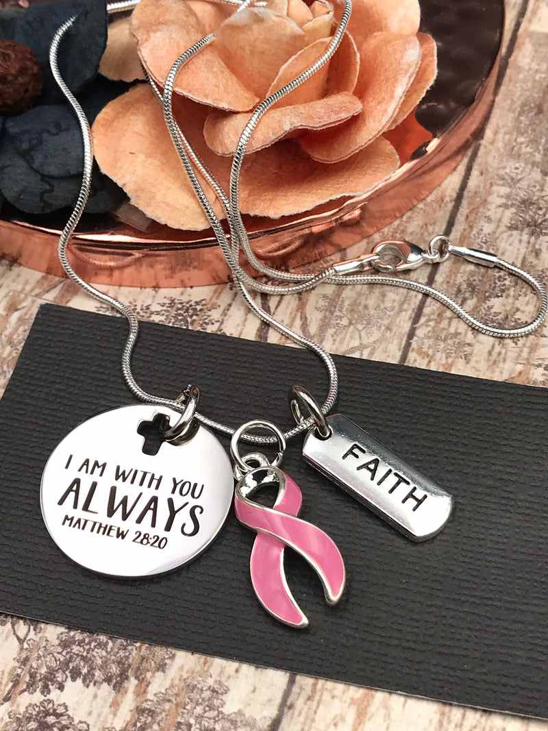 Pink Ribbon Necklace / I Am With You Always - Matthew 28:20 - Rock Your Cause Jewelry