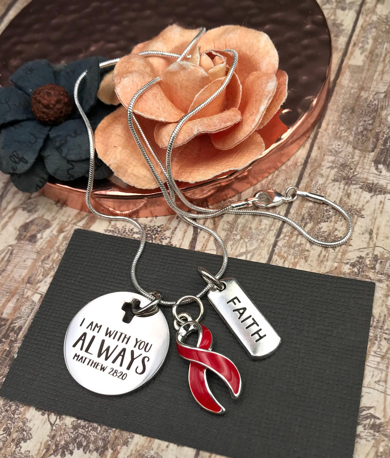 Red Ribbon Necklace - I Am With You Always - Matthew 28:20 - Rock Your Cause Jewelry