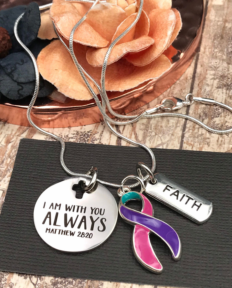 Pink Purple Teal (Thyroid) Cancer Awareness Necklace - I Am With You Always, Matthew 28:20 - Rock Your Cause Jewelry