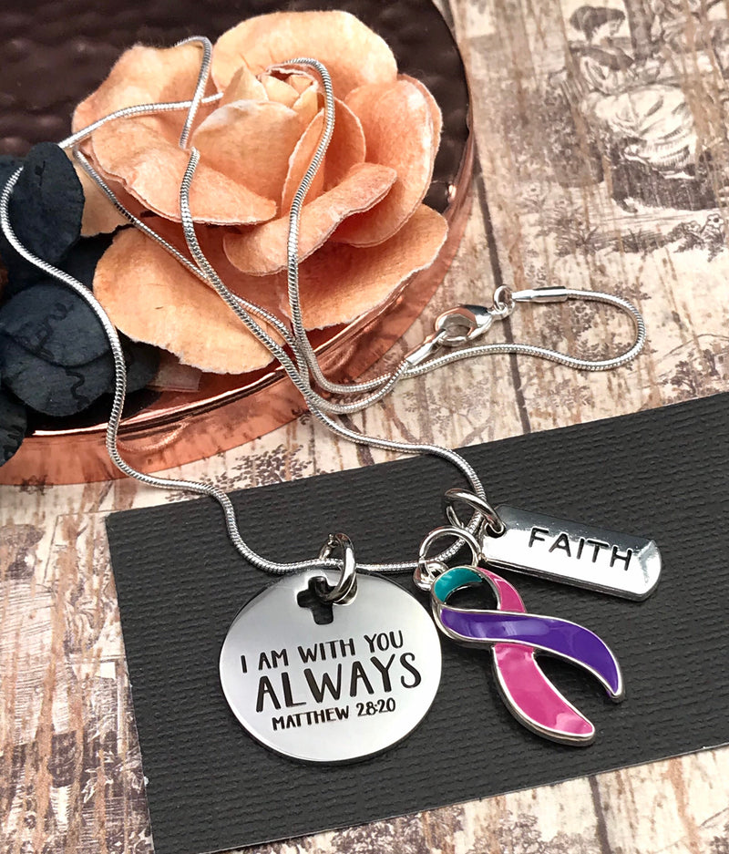 Pink Purple Teal (Thyroid) Cancer Awareness Necklace - I Am With You Always, Matthew 28:20 - Rock Your Cause Jewelry