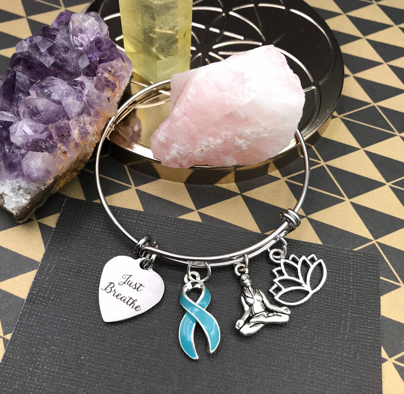 Light Blue Ribbon - Just Breathe Charm Bracelet / Yoga, Meditation, Lotus - Rock Your Cause Jewelry