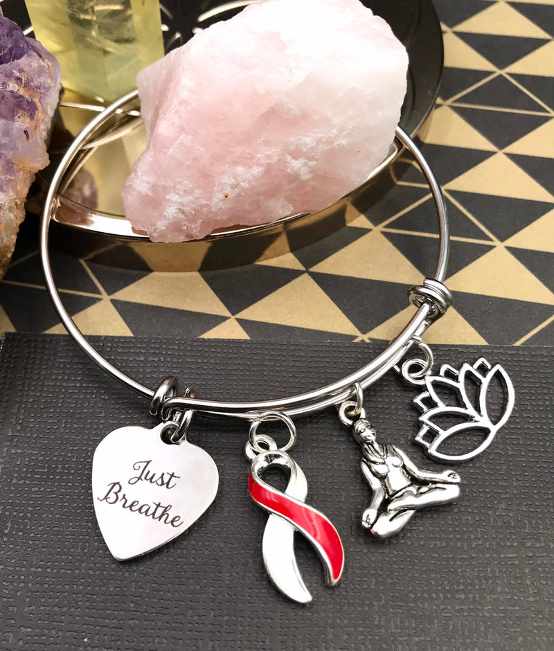 Red & White Ribbon Charm Bracelet - Just Breathe / Meditation, Yoga, Lotus Bracelet - Rock Your Cause Jewelry