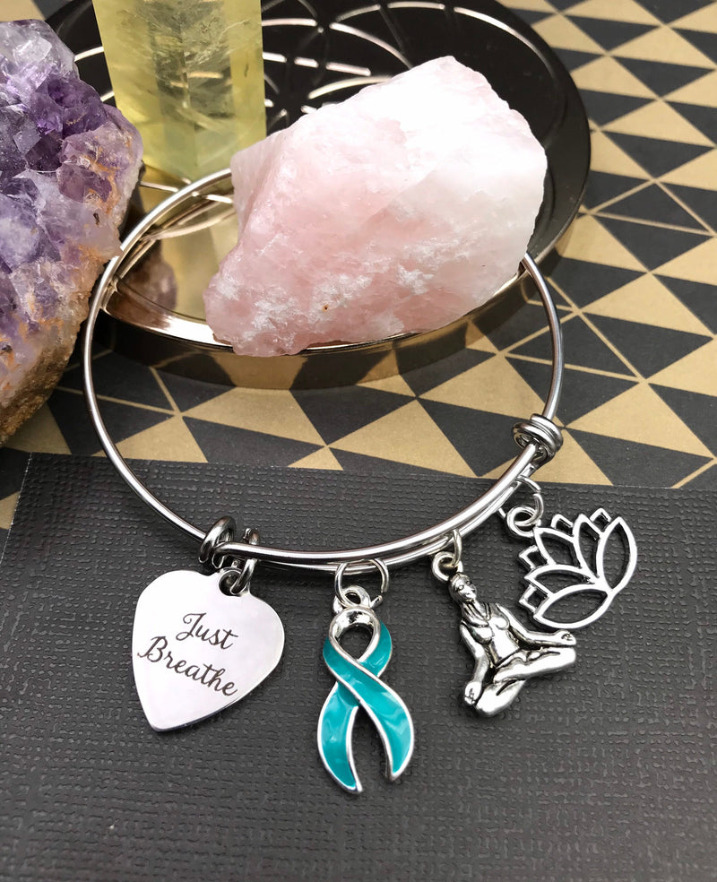 Teal Ribbon Charm Bracelet - Just Breathe / Meditation Gift - Rock Your Cause Jewelry