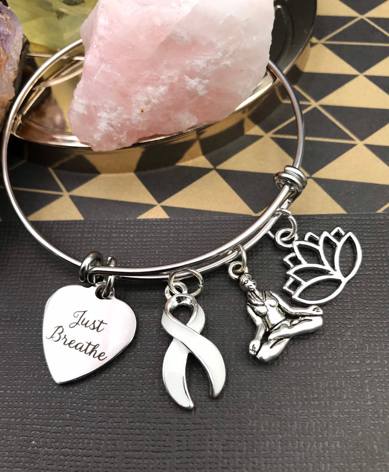 White Ribbon Bracelet - Just Breathe / Meditation, Lotus, Yoga Gift - Rock Your Cause Jewelry