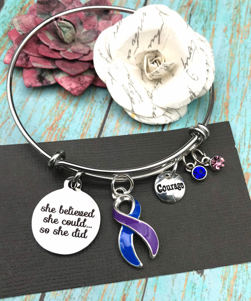 Blue & Purple Ribbon Charm Bracelet - She Believed She Could, So She Did - Rock Your Cause Jewelry