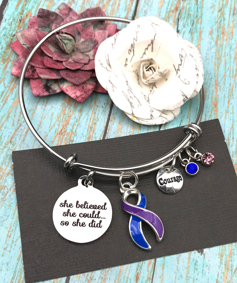 Blue & Purple Ribbon Charm Bracelet - She Believed She Could, So She Did - Rock Your Cause Jewelry