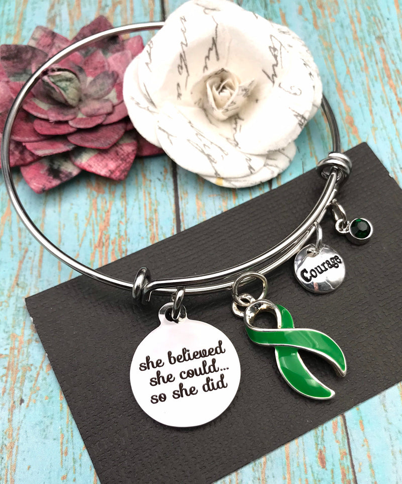 Green Ribbon Charm Bracelet - She Believed She Could, So She Did - Rock Your Cause Jewelry