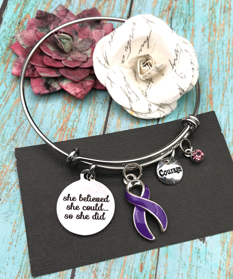 Purple Ribbon Charm Bracelet - She Believed She Could, So She Did - Rock Your Cause Jewelry