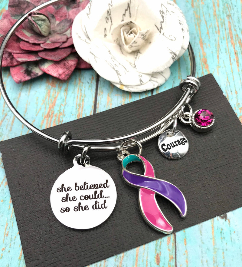 Pink Purple Teal (Thyroid) Ribbon -  She Believed That She Could So She Did Bracelet - Rock Your Cause Jewelry