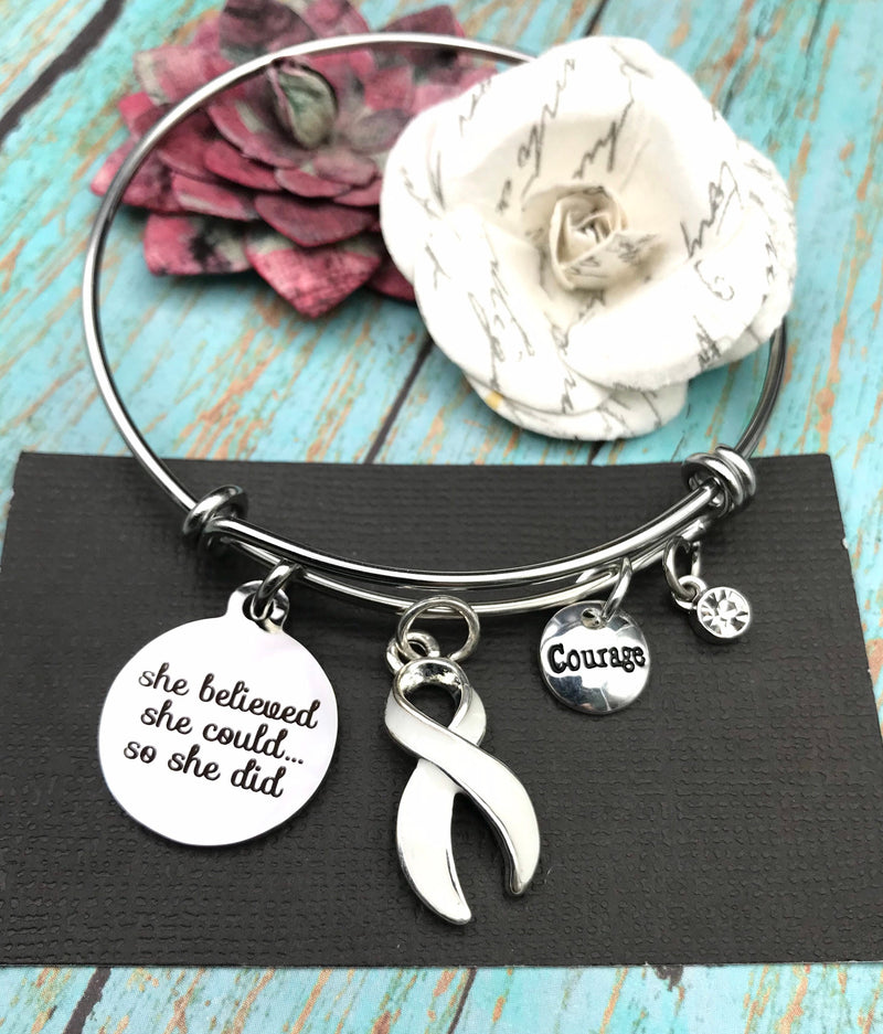 White Ribbon Charm Bracelet - She Believed She Could So She Did - Rock Your Cause Jewelry