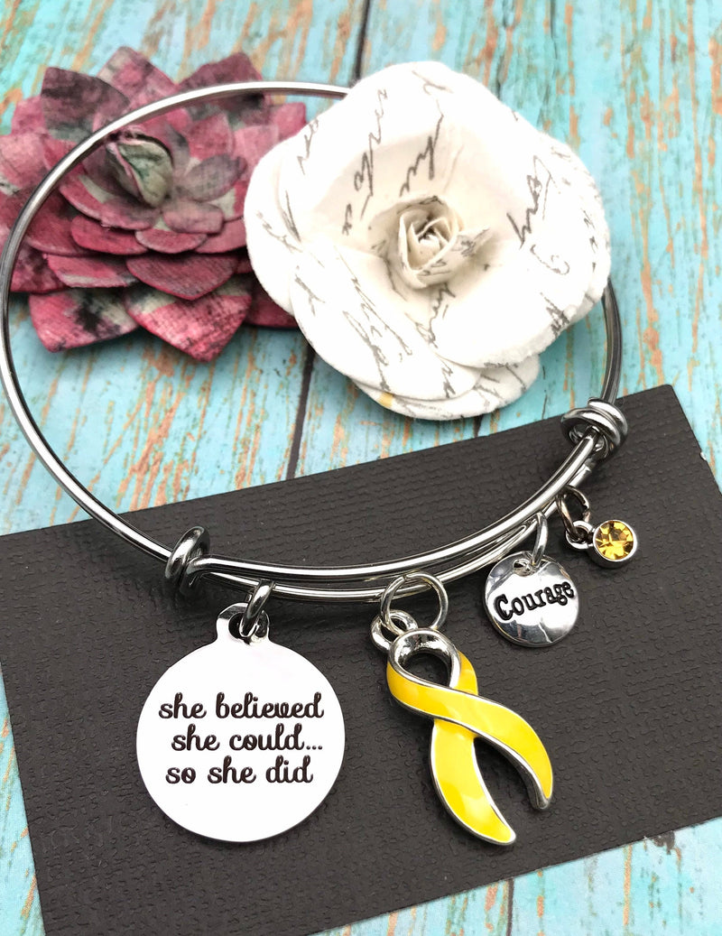 Yellow Ribbon Charm Bracelet - She Believed She Could So She Did - Rock Your Cause Jewelry