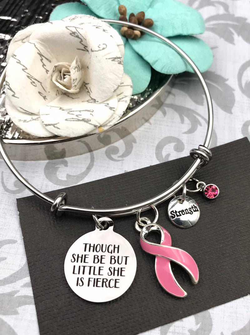 Pink Ribbon Charm Bracelet - Though She Be But Little, She is Fierce - Rock Your Cause Jewelry