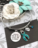 Teal Ribbon Charm Bracelet - Though She Be But Little, She is Fierce - Rock Your Cause Jewelry