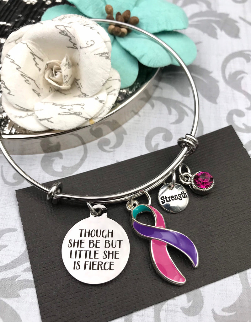 Pink Purple Teal (Thyroid) Ribbon Bracelet - Though She Be But Little, She is Fierce - Rock Your Cause Jewelry