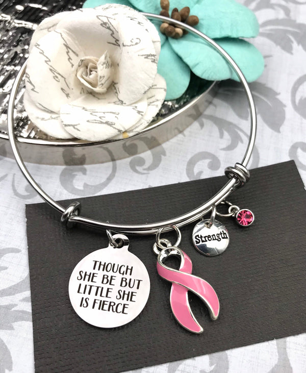 Pink Ribbon Charm Bracelet - Though She Be But Little, She is Fierce - Rock Your Cause Jewelry