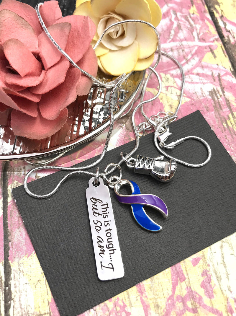 Blue & Purple Ribbon Necklace - This is Tough ... But so am I / Encouragement Gift - Rock Your Cause Jewelry