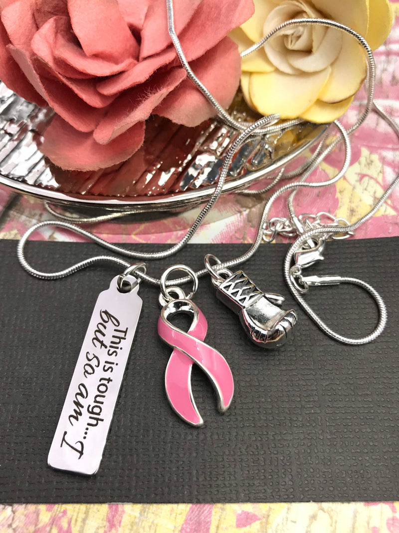 Pink Ribbon Boxing Glove Necklace - Breast Cancer Survivor Gift - This is Tough... But So am I - Rock Your Cause Jewelry