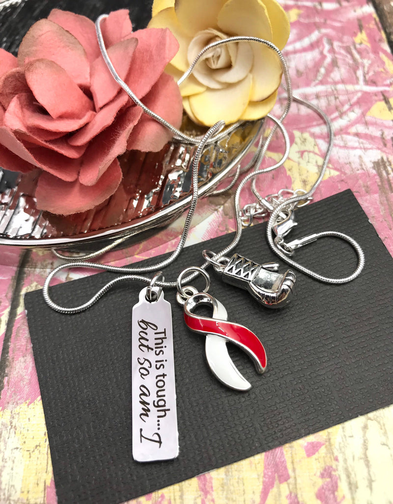 Red & White Ribbon - This Is Tough, But So Am I / Boxing Glove Necklace - Rock Your Cause Jewelry