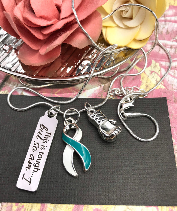 Teal & White Ribbon Necklace - This Is Tough, But So Am I - Rock Your Cause Jewelry