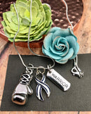 ALS / Blue & White Striped Ribbon Boxing Glove Necklace - Rock Your Cause Jewelry