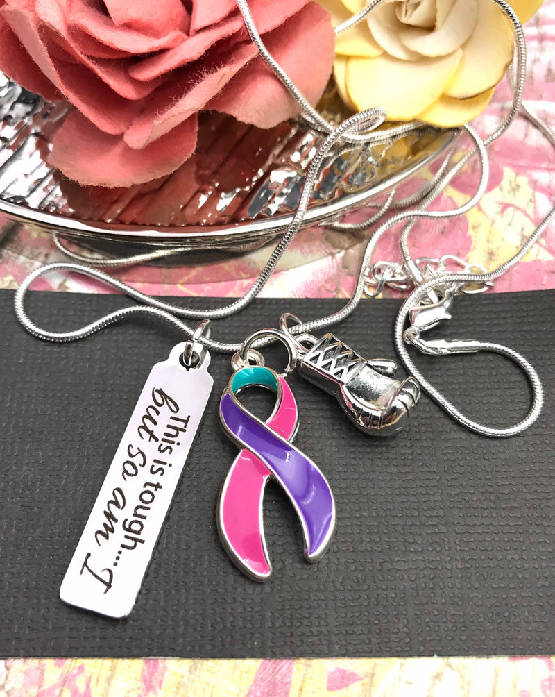 Pink Purple Teal (Thyroid) Cancer Ribbon Necklace - This is Tough, But So Am I - Rock Your Cause Jewelry