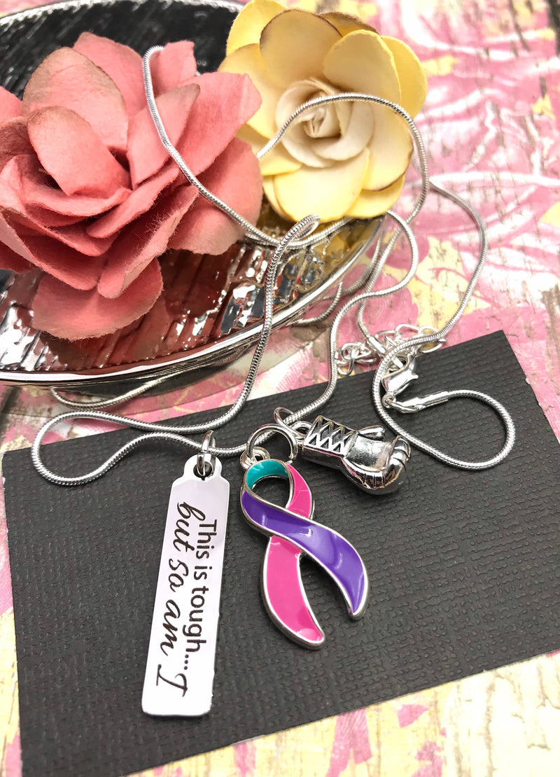 Pink Purple Teal (Thyroid) Cancer Ribbon Necklace - This is Tough, But So Am I - Rock Your Cause Jewelry