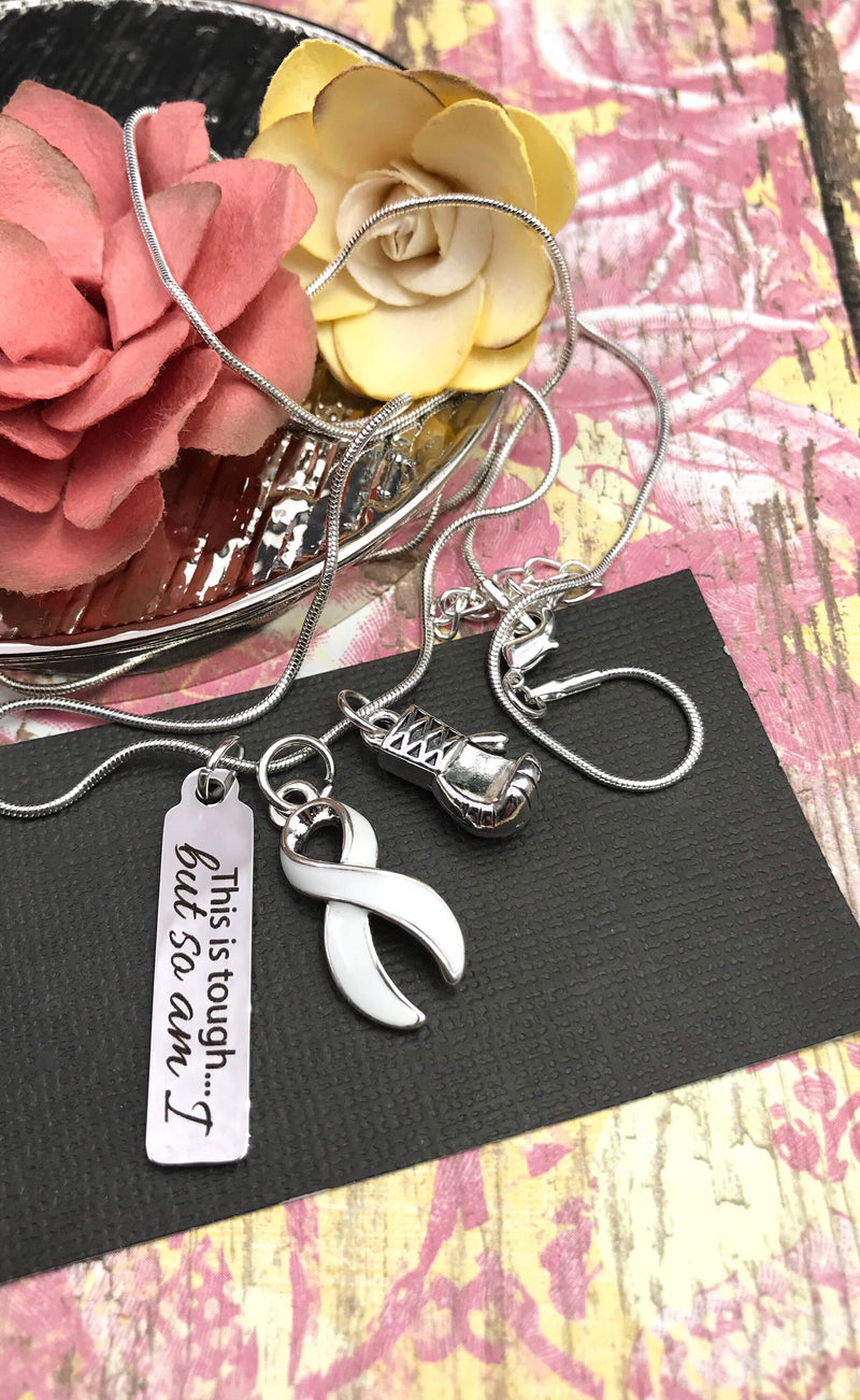 White Ribbon Necklace - This is Tough, But So Am I / Boxing Glove - Rock Your Cause Jewelry