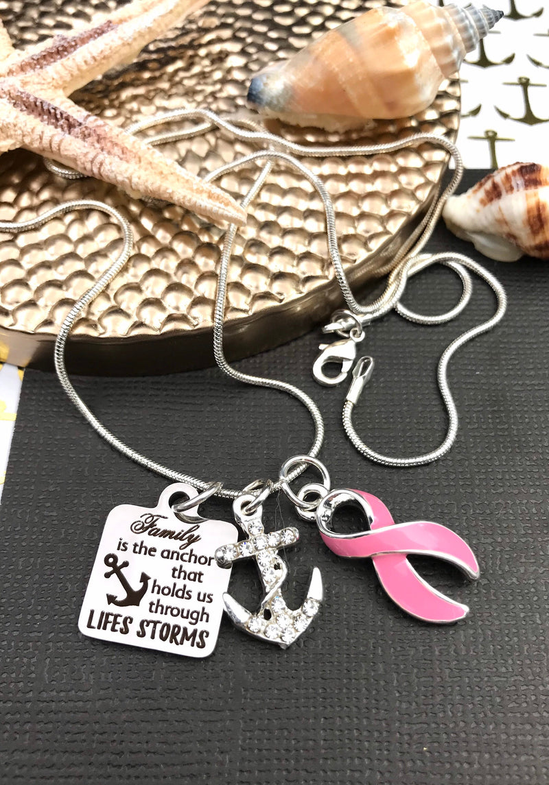 Pink Ribbon Necklace - Breast Cancer Survivor / Awareness Gift - Family is the Achor - Rock Your Cause Jewelry